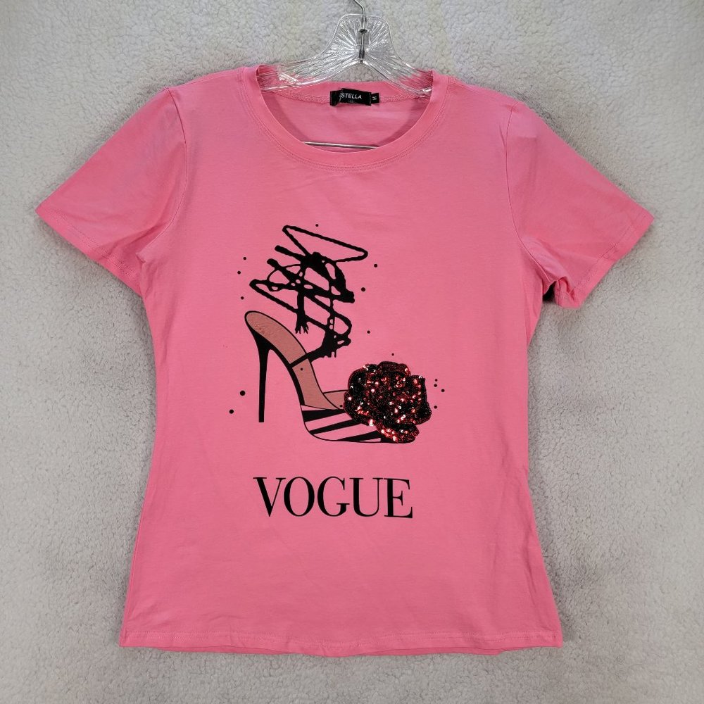 Estella Pink Heel Fashionista Glam Barbie Sequin Vogue Soft Casual Tee Shirt Top